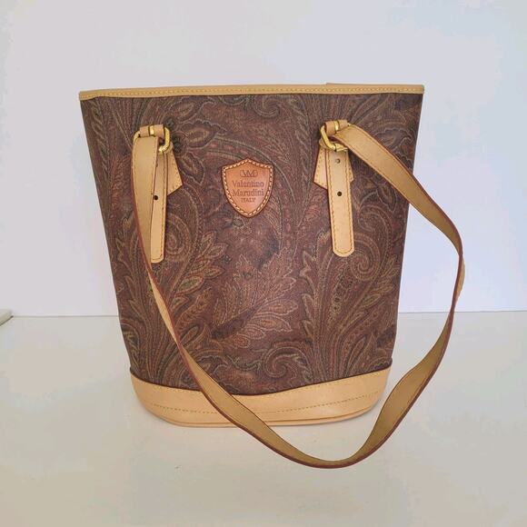 Valentino Marudini Bucket Purse Shoulder Bag Brown Tan Large Paisley Italian - Picture 1 of 12